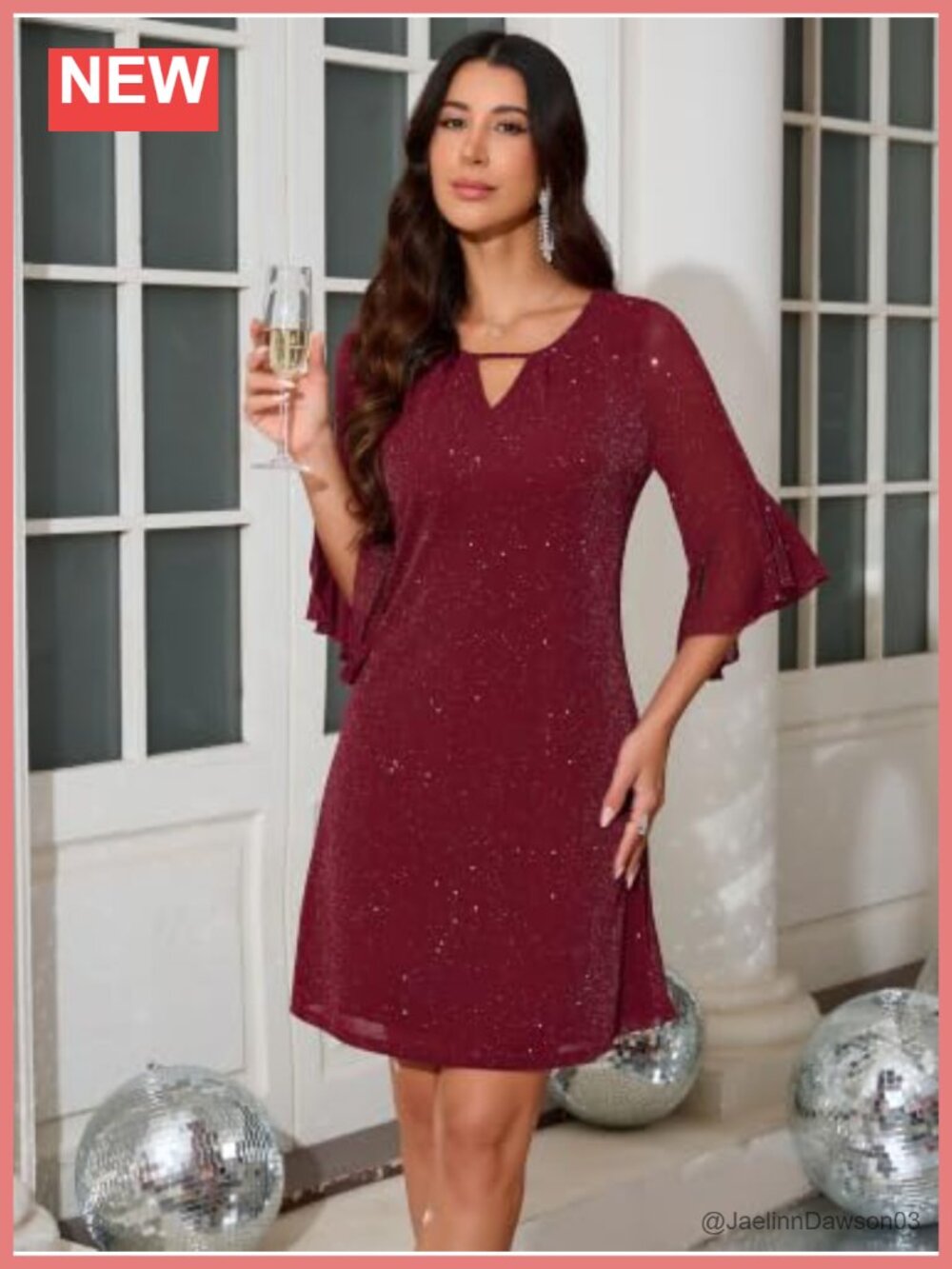 Womens Sparkly Sequin Cocktail Dress 3/4 Bell Sleeve A Line Wedding Guest - Picture 5 of 5